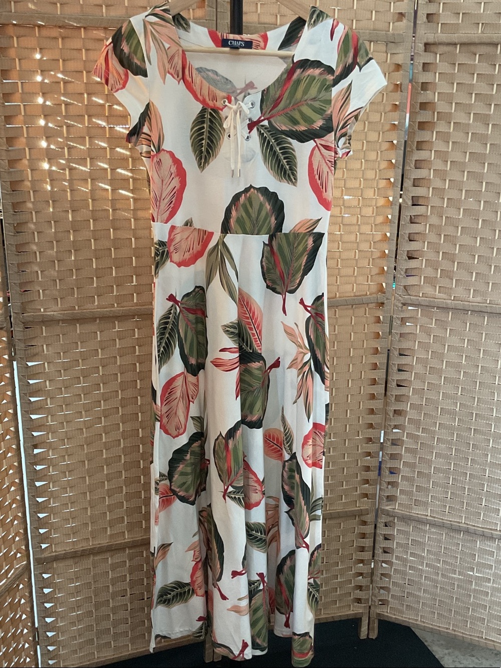 Chaps White Maxi Dress with Green and Pink Leaf Print